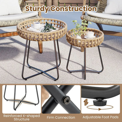 Outdoor Round Side Table Set of 2 in Different Sizes PE Wicker Tables with Sturdy Metal Frames